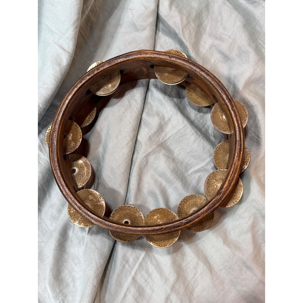 Vintage Wooden Tambourine Percussion Instrument with Jingles.